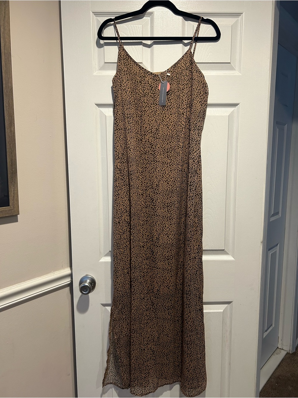 Boutique Spaghetti Strap Brown Leopard Print lined maxi dress
